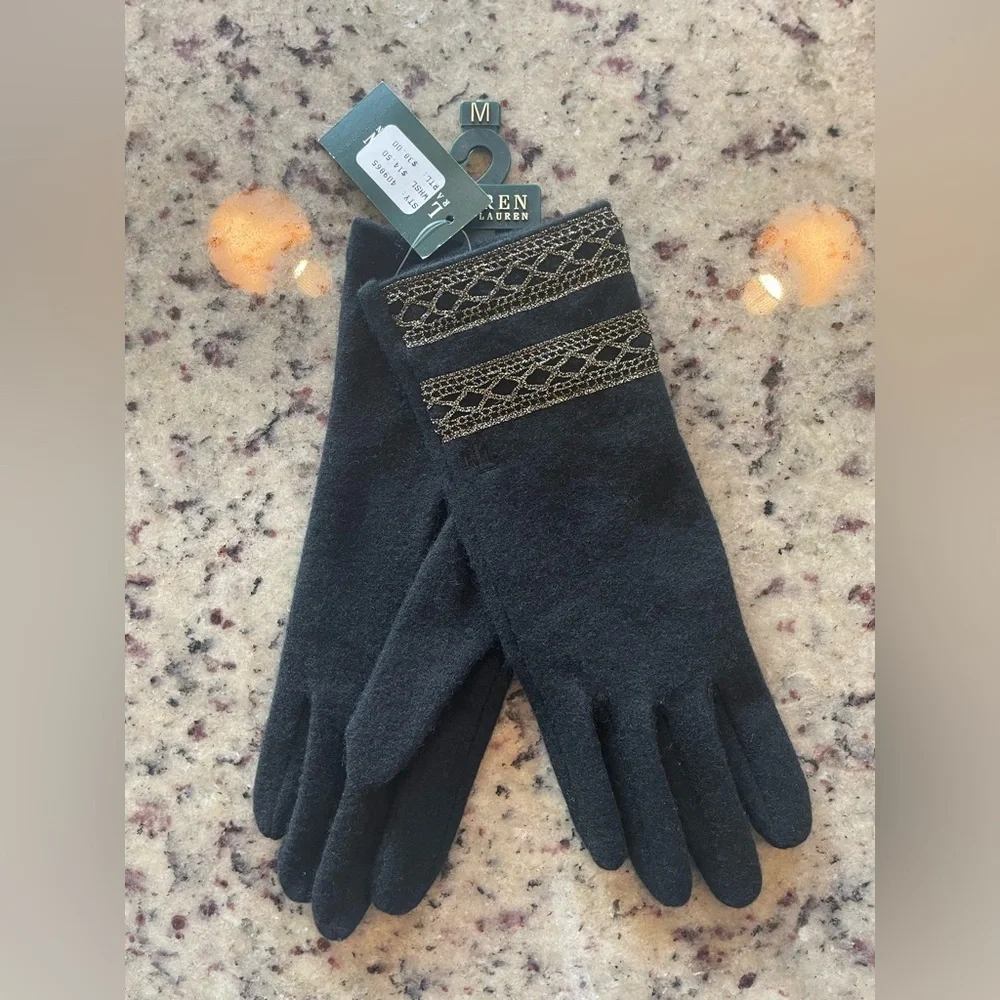 NWT Ralph Lauren Black soft wool Gloves with gold embroidered cuff size M